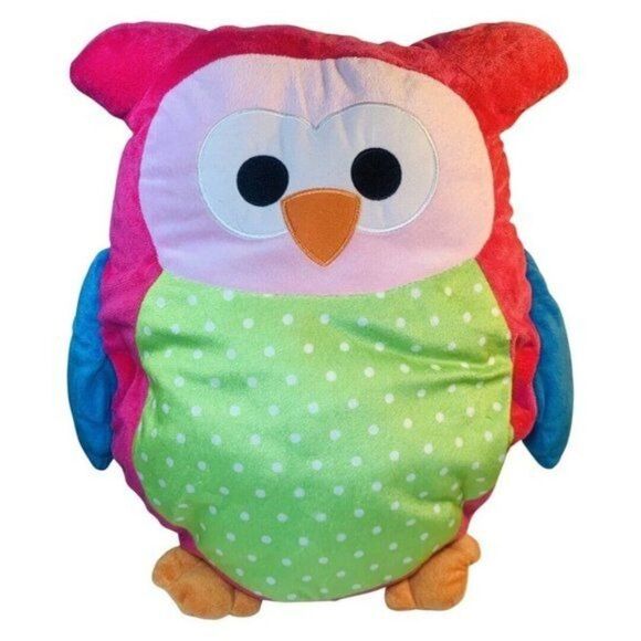 Large Pink Green Polka dot Plush Owl Pillow Multicolored Stuffed Animal Toy 20” - Picture 2 of 4